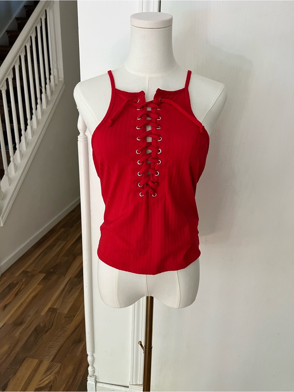 Cherry Red Lace-Up Ribbed Tank
